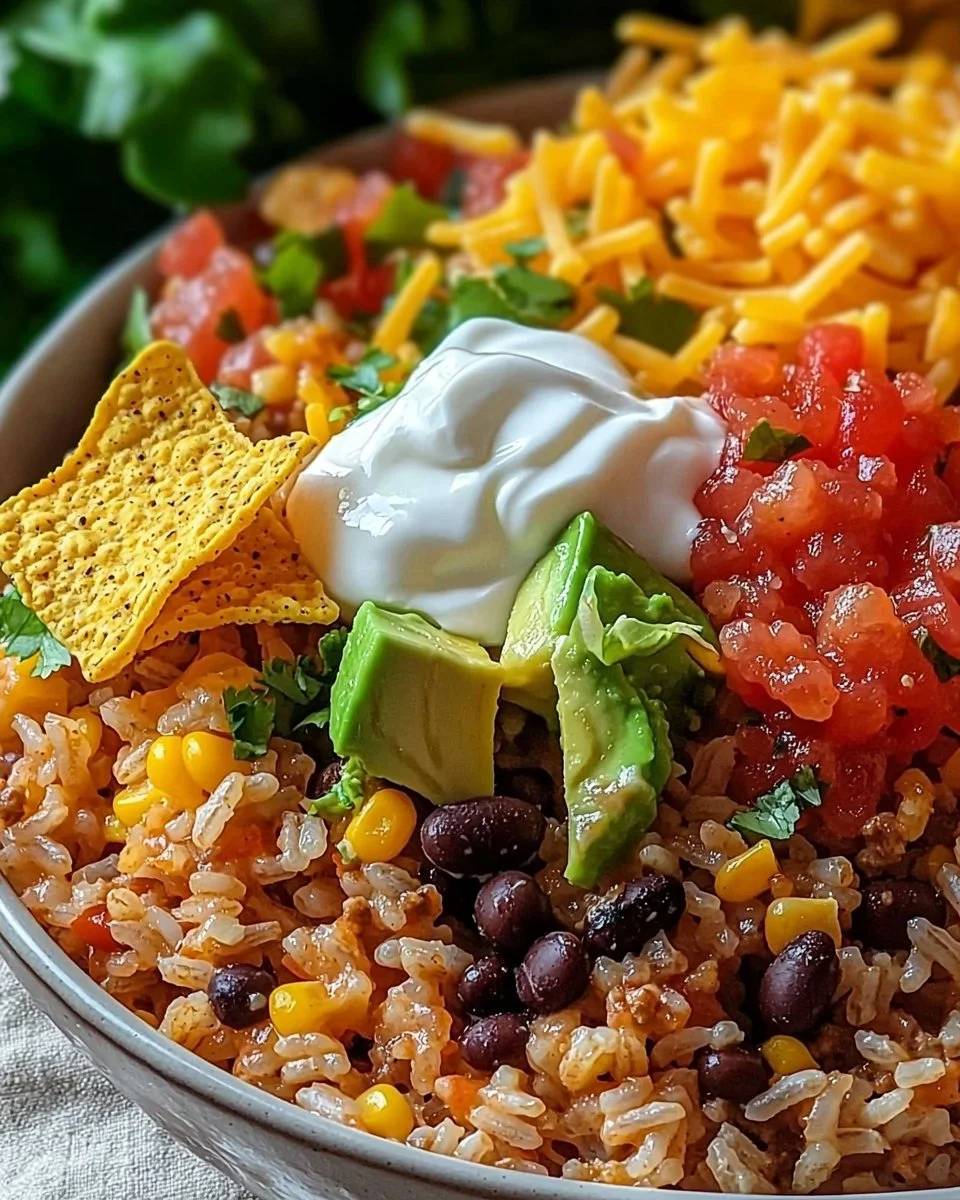 Delicious Taco Rice Bowl garnished with crunchy Doritos and fresh toppings
