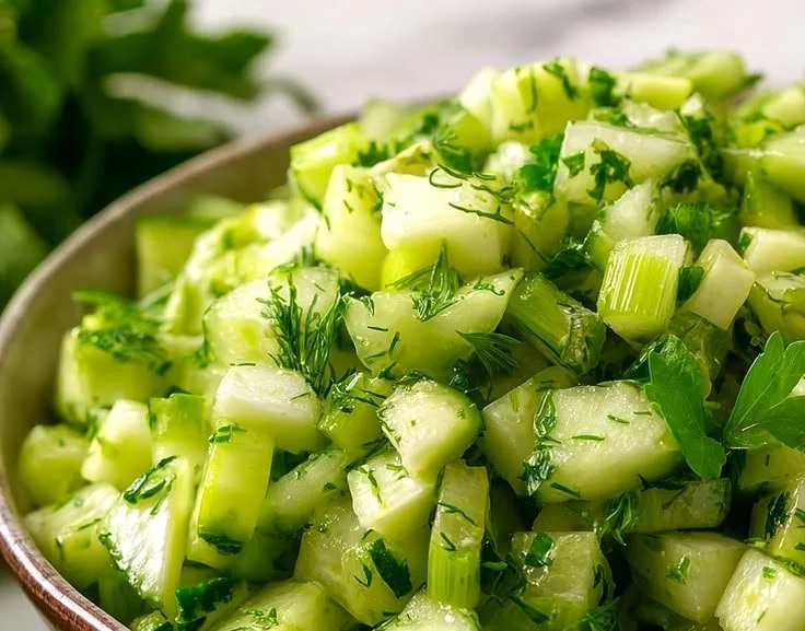 Refreshing cucumber celery salad with green apple and herbs
