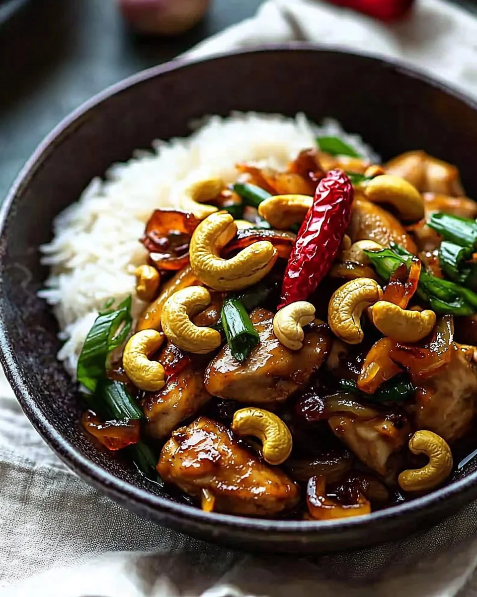 Thai Cashew Chicken Stir Fry with colorful veggies and cashews on a plate