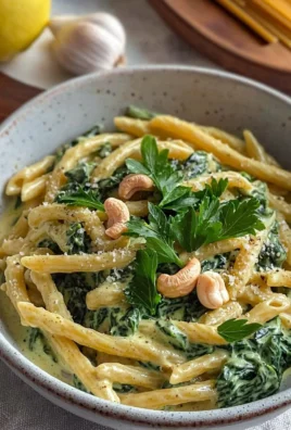 Vegan creamy spinach garlic pasta garnished with parsley and made with cashews