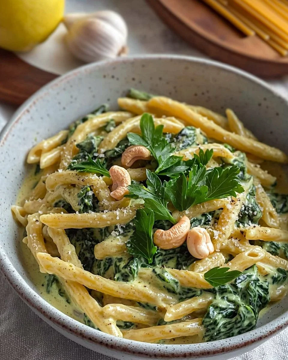 Vegan creamy spinach garlic pasta garnished with parsley and made with cashews