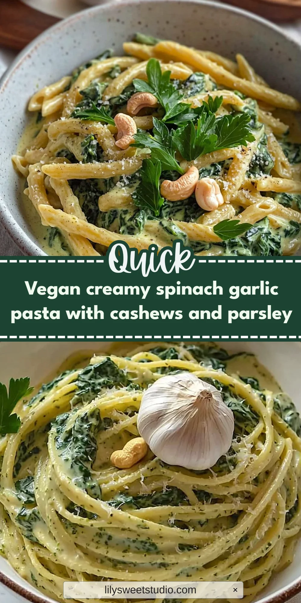 Vegan creamy spinach garlic pasta with cashews and parsley