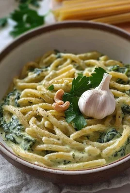 Vegan creamy spinach garlic pasta with cashews and parsley in a bowl