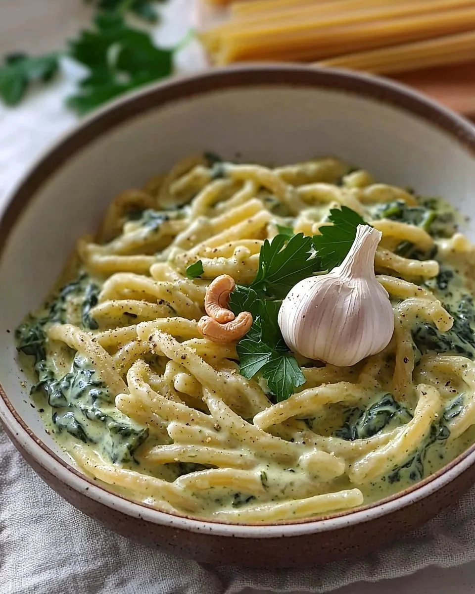 Vegan creamy spinach garlic pasta with cashews and parsley in a bowl