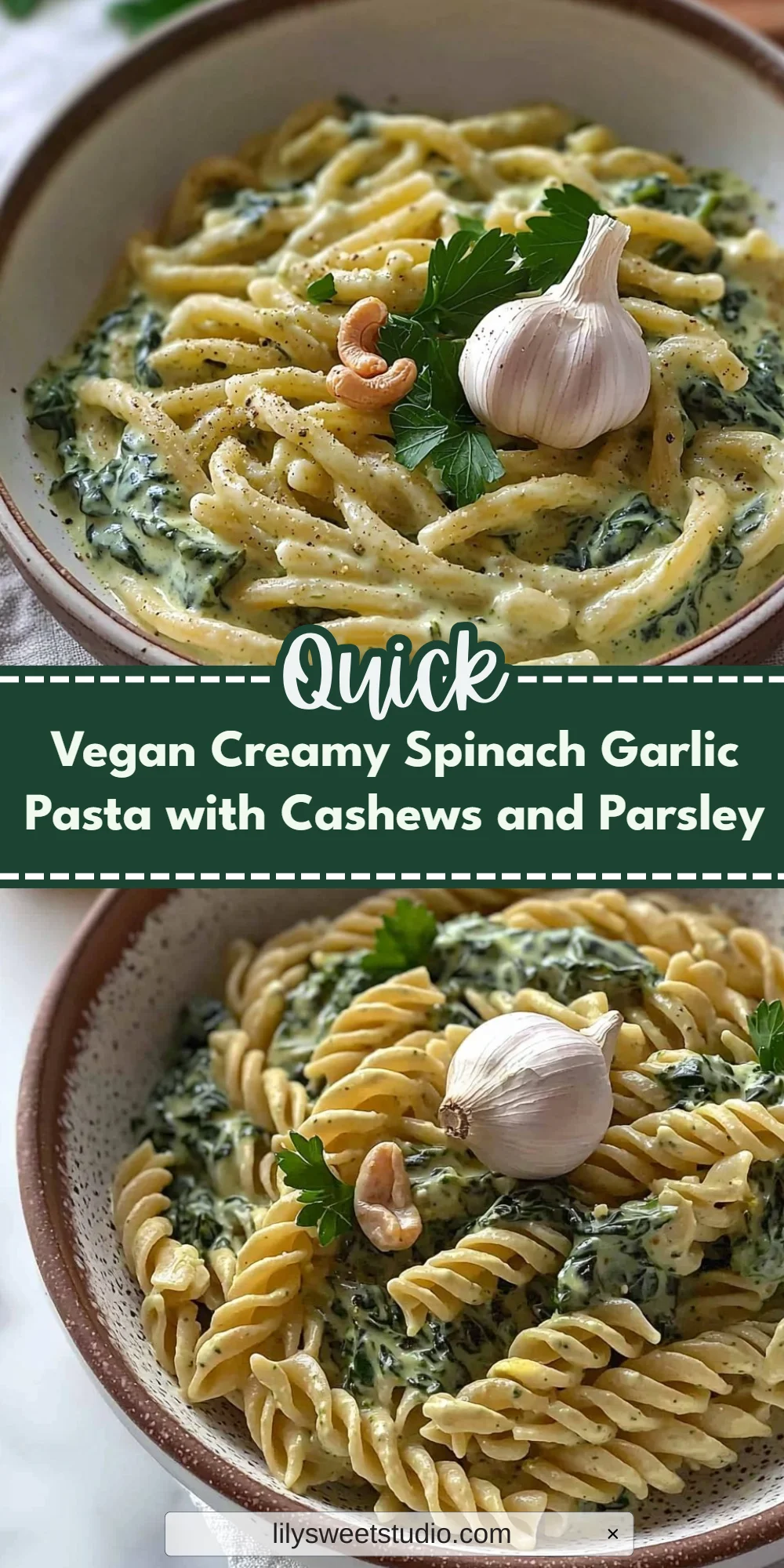 Vegan Creamy Spinach Garlic Pasta with Cashews and Parsley