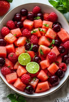 Bowl of watermelon fruit salad drizzled with lime mint dressing