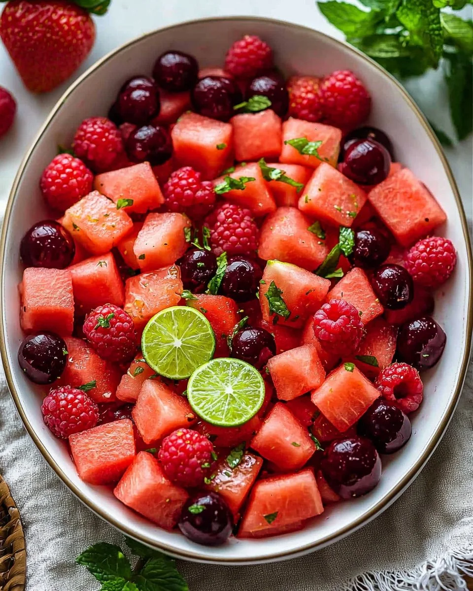 Bowl of watermelon fruit salad drizzled with lime mint dressing