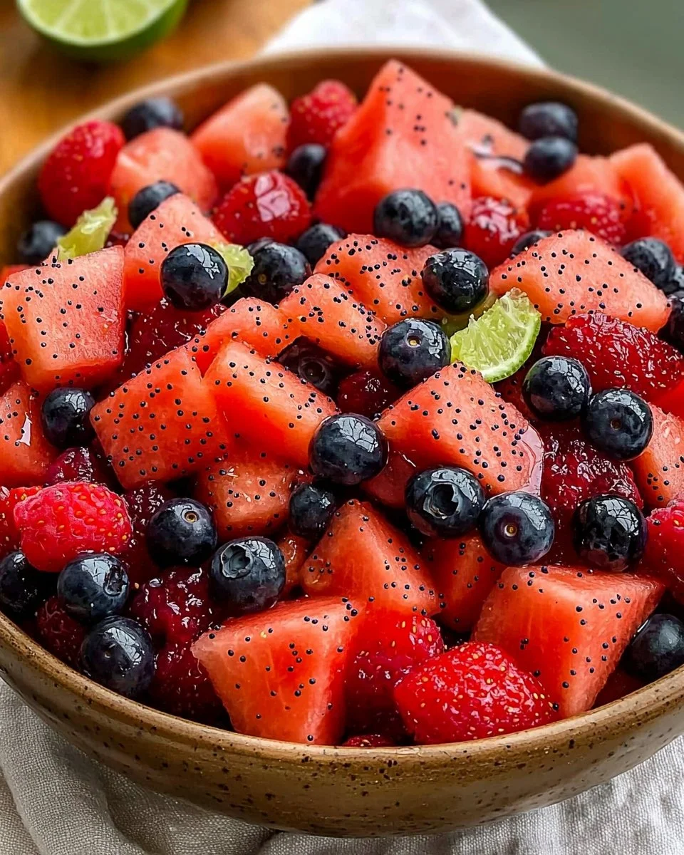 Watermelon Summer Berry Salad with fresh berries and mint leaves