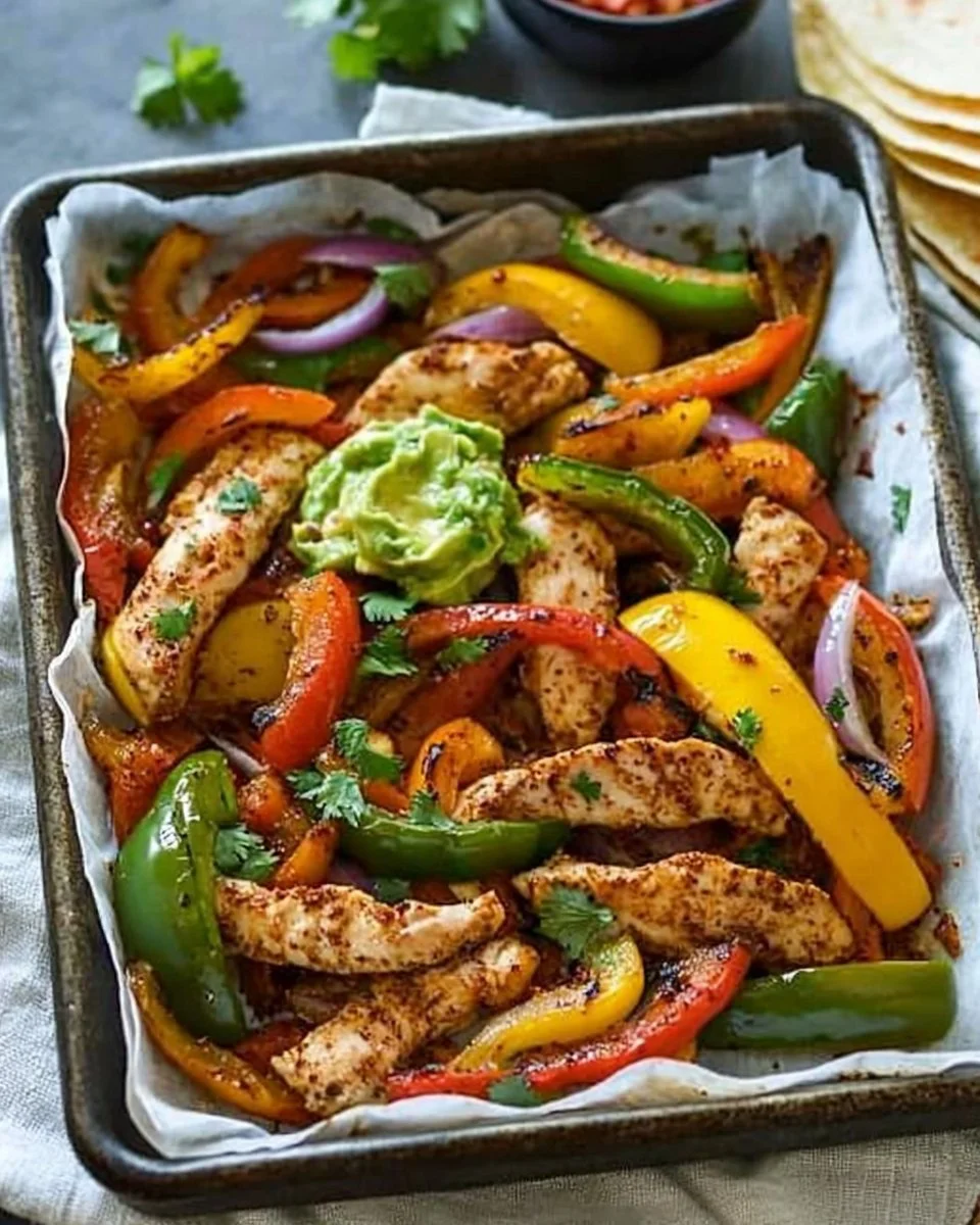 Colorful Whole30 Sheet Pan Fajitas with bell peppers and chicken on a baking sheet