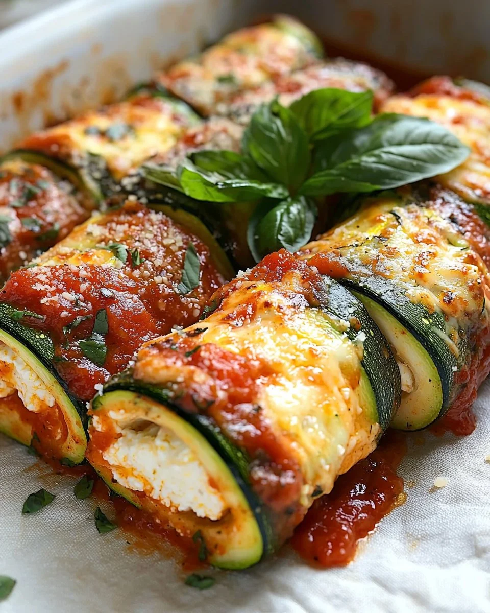 Delicious Zucchini Rollatini served on a plate with fresh herbs and cheese.